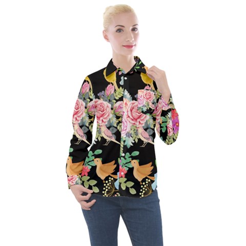 Illustration Bird Flower Floral Background Women s Long Sleeve Pocket Shirt by danenraven