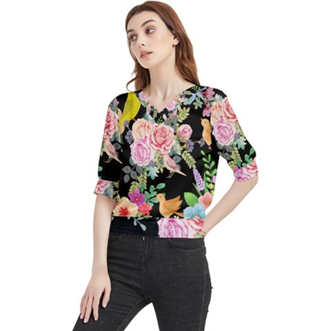 Illustration Bird Flower Floral Background Quarter Sleeve Blouse by danenraven