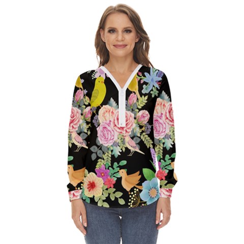 Illustration Bird Flower Floral Background Zip Up Long Sleeve Blouse by danenraven