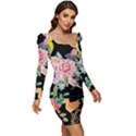 Illustration Bird Flower Floral Background Women Long Sleeve Ruched Stretch Jersey Dress View2