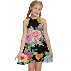 Illustration Bird Flower Floral Background Kids  Halter Collar Waist Tie Chiffon Dress by danenraven