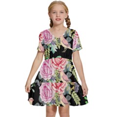 Illustration Bird Flower Floral Background Kids  Short Sleeve Tiered Mini Dress