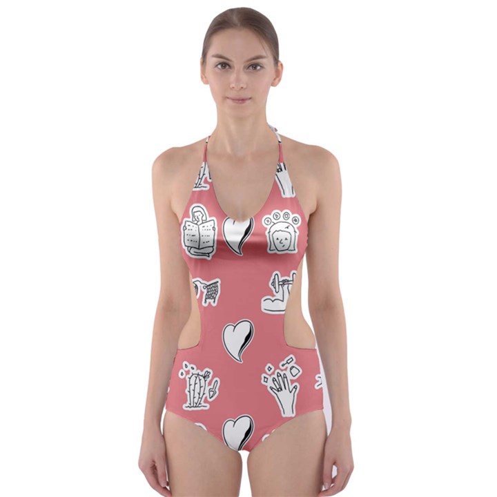 Stickers Hobbies Hearts Reading Cut-Out One Piece Swimsuit