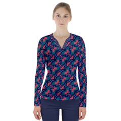 Illustration Tile Pattern Patchwork V-neck Long Sleeve Top