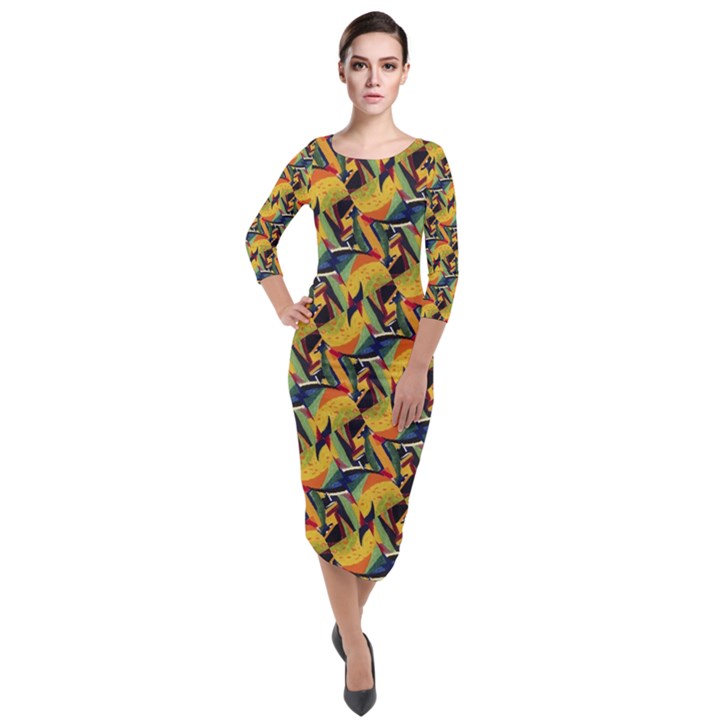 Illustration Geometric Pattern Colorful Pattern Quarter Sleeve Midi Velour Bodycon Dress