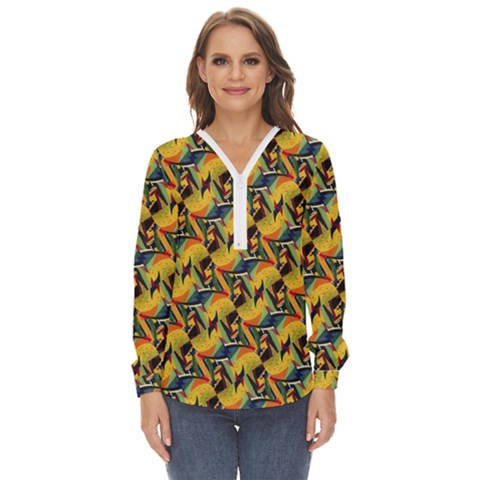 Illustration Geometric Pattern Colorful Pattern Zip Up Long Sleeve Blouse by danenraven