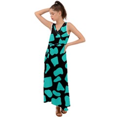 Neon Cow Dots Blue Turquoise And Black V-neck Chiffon Maxi Dress by ConteMonfrey