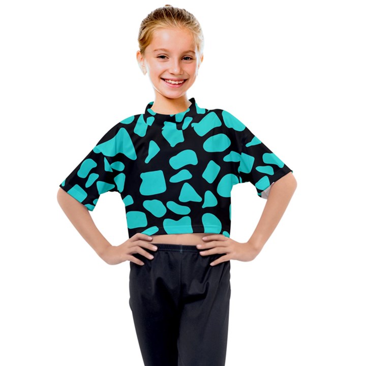 Neon cow dots blue turquoise and black Kids Mock Neck Tee