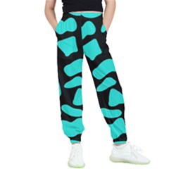 Neon Cow Dots Blue Turquoise And Black Kids  Elastic Waist Pants by ConteMonfrey