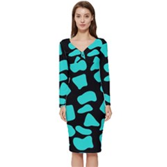 Neon Cow Dots Blue Turquoise And Black Long Sleeve V-neck Bodycon Dress  by ConteMonfrey