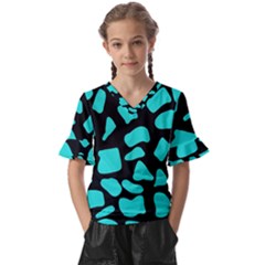 Neon Cow Dots Blue Turquoise And Black Kids  V-neck Horn Sleeve Blouse by ConteMonfrey