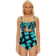 Neon Cow Dots Blue Turquoise And Black Knot Front One-piece Swimsuit by ConteMonfrey