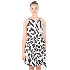 Leopard Print Black And White Halter Collar Waist Tie Chiffon Dress