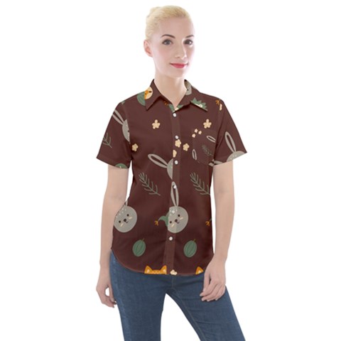 Rabbits, Owls And Cute Little Porcupines  Women s Short Sleeve Pocket Shirt by ConteMonfrey