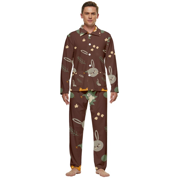 Rabbits, Owls And Cute Little Porcupines  Men s Long Sleeve Velvet Pocket Pajamas Set