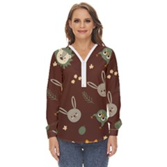 Rabbits, Owls And Cute Little Porcupines  Zip Up Long Sleeve Blouse