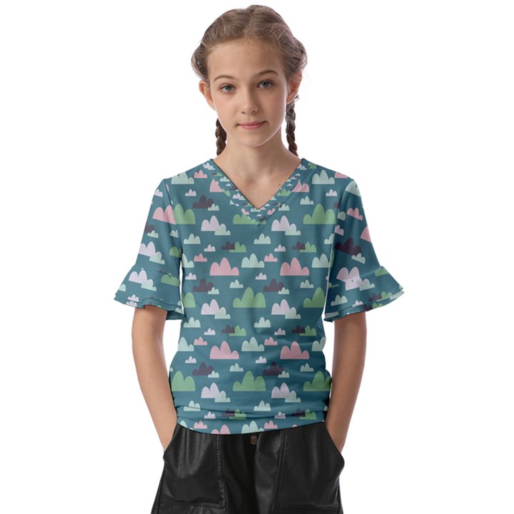 Llama Clouds  Kids  V-Neck Horn Sleeve Blouse