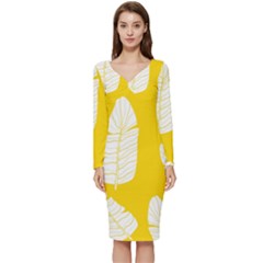 Yellow Banana Leaves Long Sleeve V-neck Bodycon Dress  by ConteMonfrey