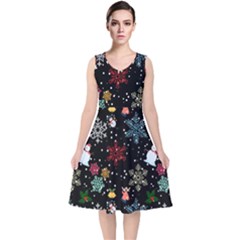 Illustration Xmas Christmas Thanks Giving Pattern V-neck Midi Sleeveless Dress  by danenraven