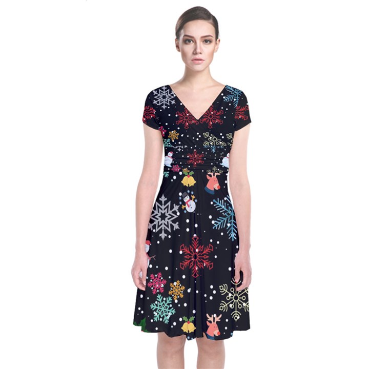 Illustration Xmas Christmas Thanks Giving Pattern Short Sleeve Front Wrap Dress