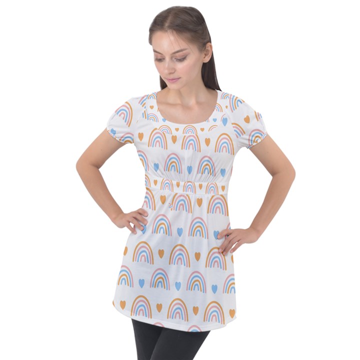 Rainbow Pattern Puff Sleeve Tunic Top