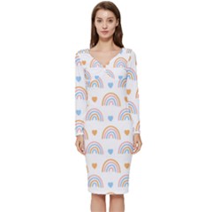 Rainbow Pattern Long Sleeve V-neck Bodycon Dress  by ConteMonfrey