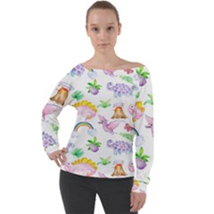 Dinosaurs Are Our Friends  Off Shoulder Long Sleeve Velour Top by ConteMonfrey