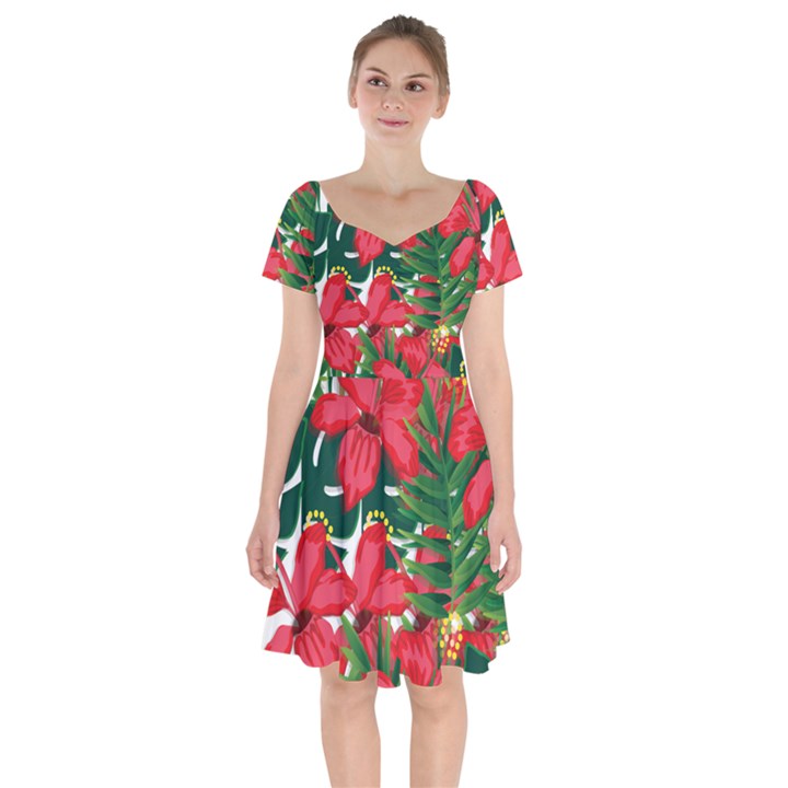 Tulips Design Short Sleeve Bardot Dress