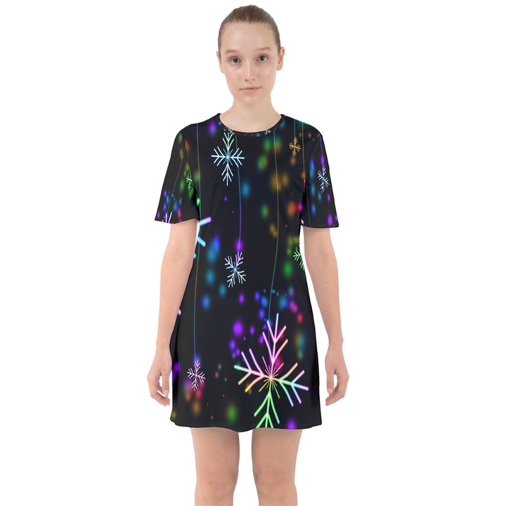 Snowflakes Lights Sixties Short Sleeve Mini Dress