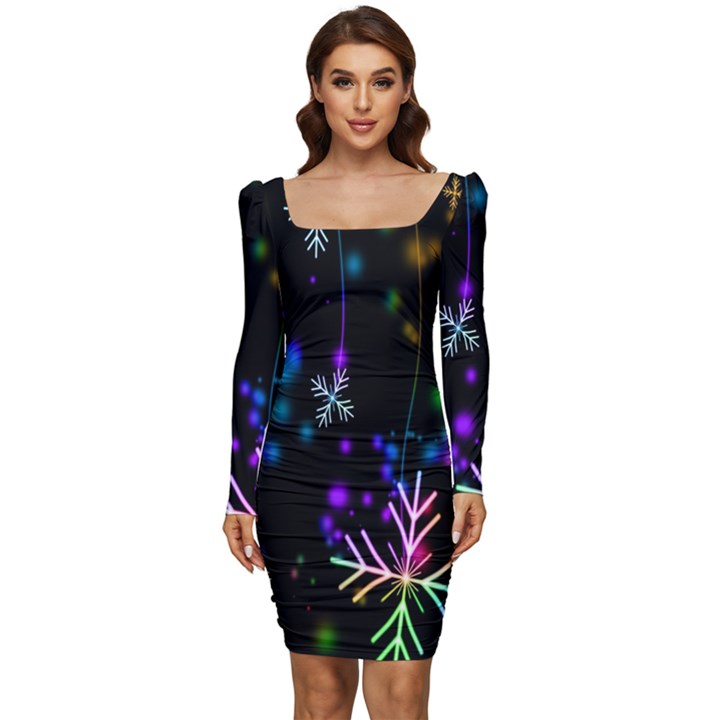 Snowflakes Lights Women Long Sleeve Ruched Stretch Jersey Dress