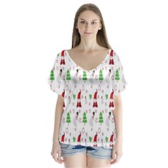 Santa Claus Snowman Christmas V-neck Flutter Sleeve Top by artworkshop