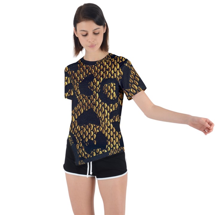 Metallic Snake Skin Pattern Asymmetrical Short Sleeve Sports Tee