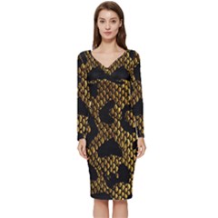 Metallic Snake Skin Pattern Long Sleeve V-neck Bodycon Dress  by BangZart