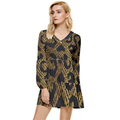 Metallic Snake Skin Pattern Tiered Long Sleeve Mini Dress by BangZart