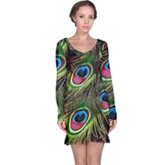 Peacock Feathers Color Plumage Long Sleeve Nightdress by Celenk