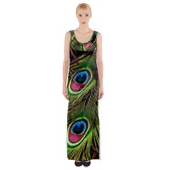 Peacock Feathers Color Plumage Thigh Split Maxi Dress by Celenk