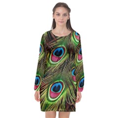 Peacock Feathers Color Plumage Long Sleeve Chiffon Shift Dress  by Celenk