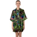 Peacock Feathers Color Plumage Half Sleeve Satin Kimono  View1