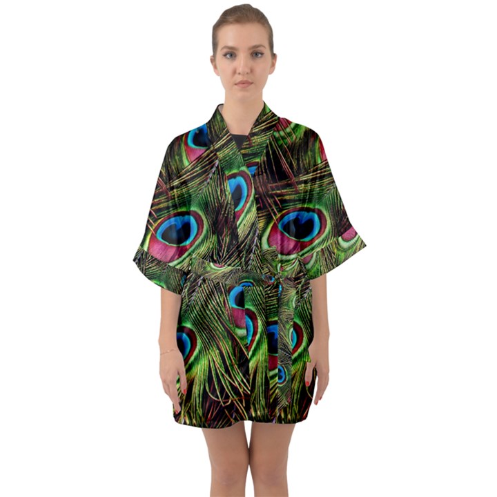 Peacock Feathers Color Plumage Half Sleeve Satin Kimono 