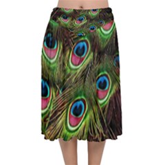 Peacock Feathers Color Plumage Velvet Flared Midi Skirt