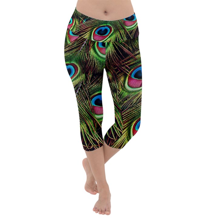 Peacock Feathers Color Plumage Lightweight Velour Capri Yoga Leggings