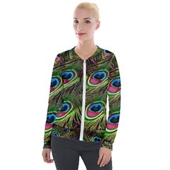 Peacock Feathers Color Plumage Velvet Zip Up Jacket by Celenk