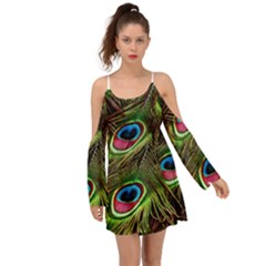 Peacock Feathers Color Plumage Kimono Sleeves Boho Dress by Celenk