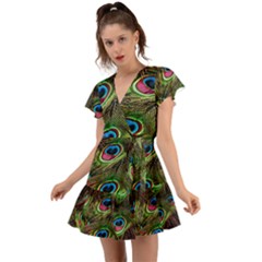 Peacock Feathers Color Plumage Flutter Sleeve Wrap Dress by Celenk