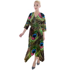 Peacock Feathers Color Plumage Quarter Sleeve Wrap Front Maxi Dress by Celenk