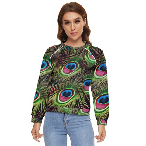 Peacock Feathers Color Plumage Women s Long Sleeve Raglan Tee by Celenk