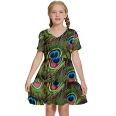 Peacock Feathers Color Plumage Kids  Short Sleeve Tiered Mini Dress by Celenk