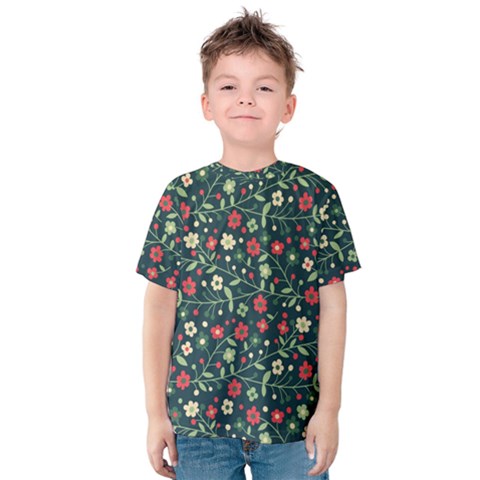 Flowering Branches Seamless Pattern Kids  Cotton Tee by Zezheshop