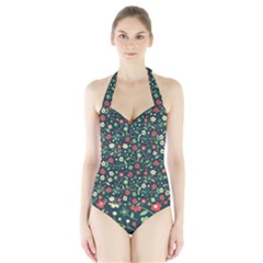 Flowering Branches Seamless Pattern Halter Swimsuit by Zezheshop