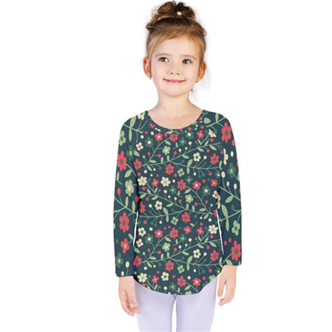 Flowering Branches Seamless Pattern Kids  Long Sleeve Tee by Zezheshop